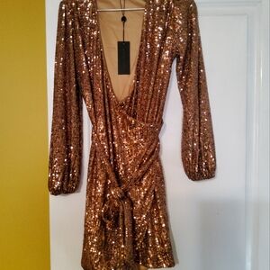 Sequin Wrap Dress - Gold